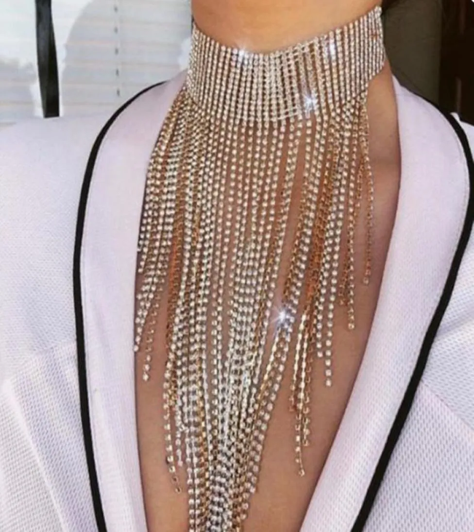 Multilayers Full Rhinestone Long Shiny Tassel Necklace For Women Crystal Collar Choker Halsband Kedja Smycken Uttalande Halsband C6422727