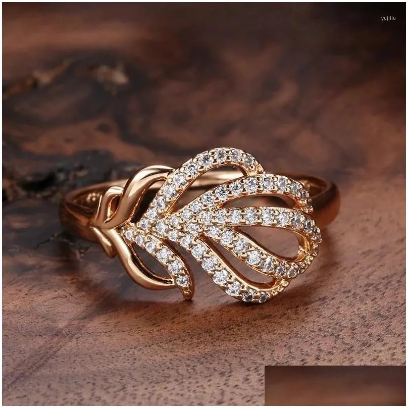 Cluster Rings Luxury FL Zircon Fashion Jewelry 585 Rose Gold Color Leaf Stexture Women Finger Party Elegant Accessories Drop Delivery R DHKBL