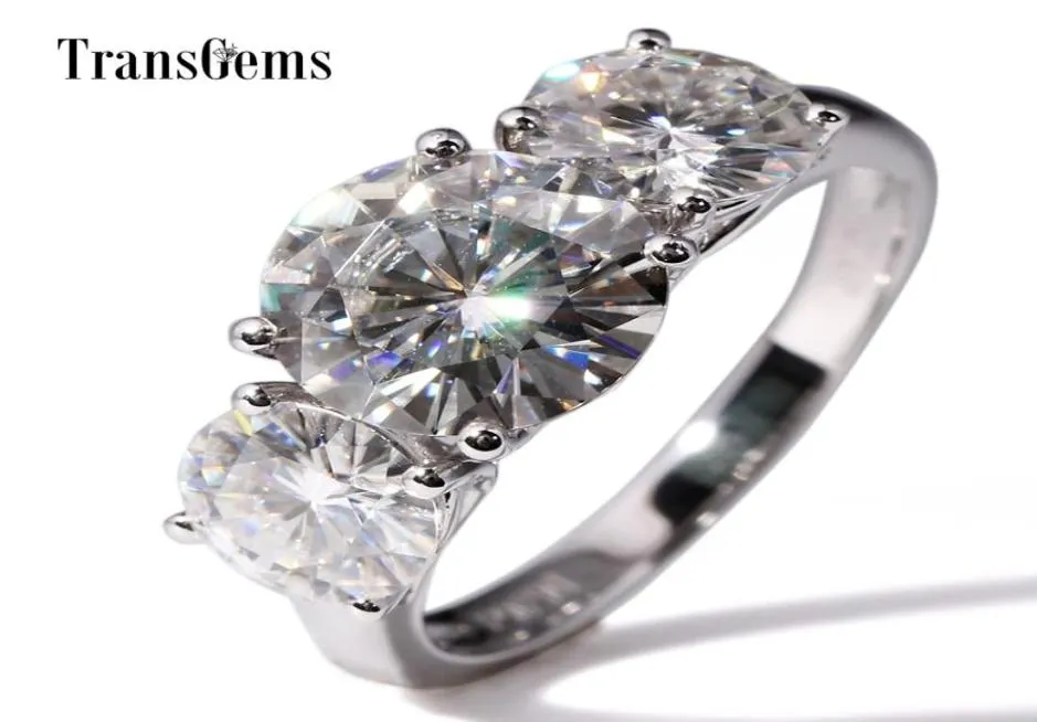 Transgems 14K White Gold 5CTW Center 3CT 9 mm en 1CT 65mm F Color Moissanite Three Stone Moissanite verlovingsring voor vrouwen Y197274215