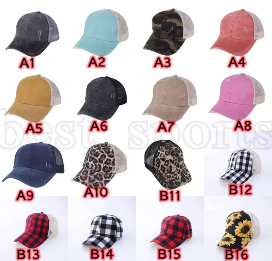 Chapeaux de queue de cheval 50 styles femme lavage en mesh arrière tournesol plaid buffle leopard pain de baseball en désordre pain de baseball en plein air zza31352256011