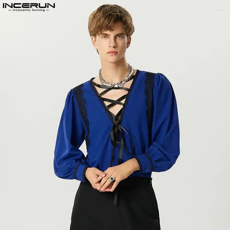 Men's Casual Shirts Handsome Well Fitting Tops INCERUN Men Stylish Tie Cross Streetwear Lace Decorative Long Sleeved Blouse S-5XL 2024