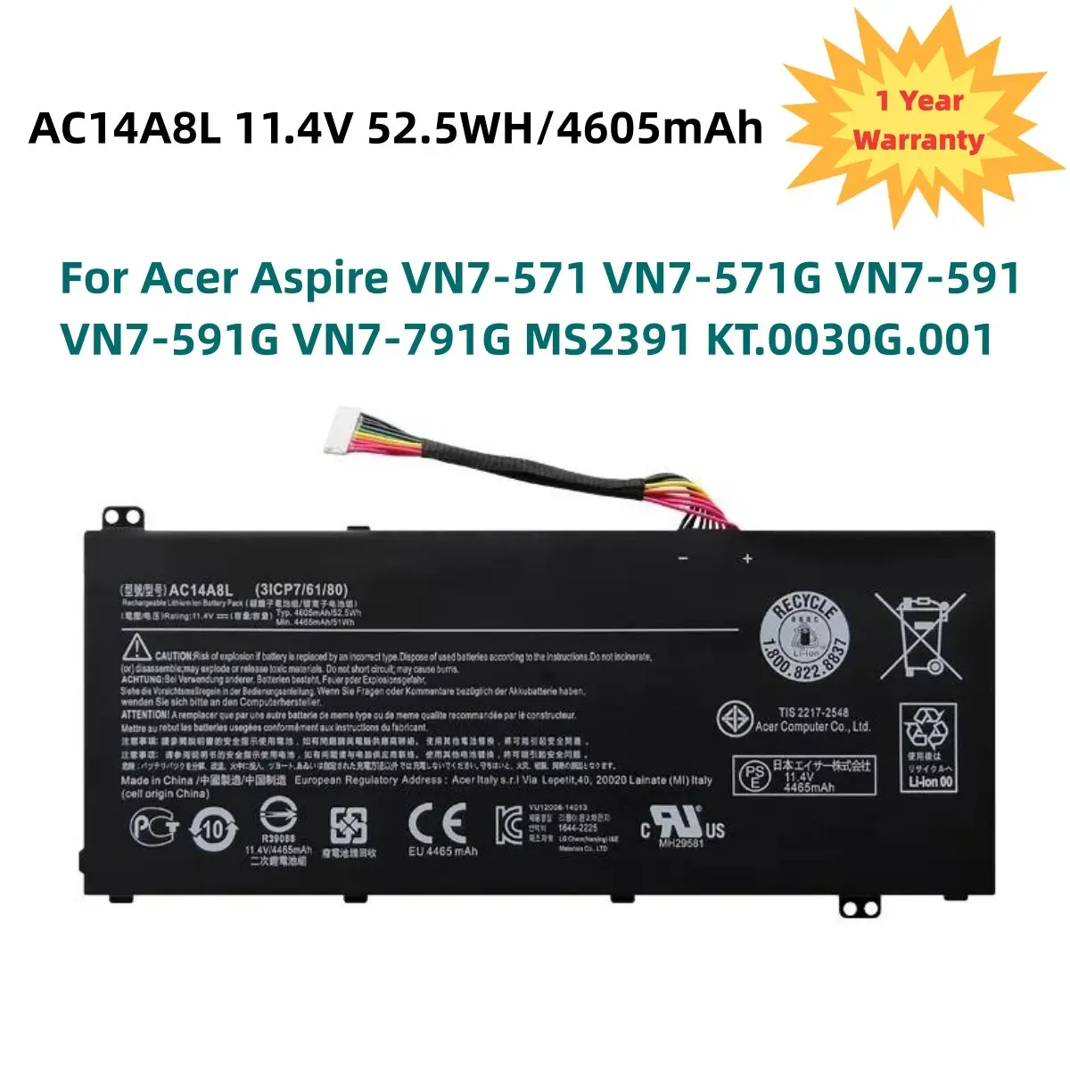 Baterias AC14A8L Bateria de laptop para Acer Aspire VN7571 VN7571G VN7591 VN7591G VN7791G MS2391 KT.0030G.001 11.4V 52.5WH/4605MAH