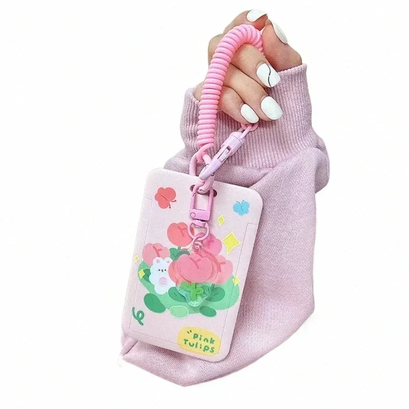 students ID Bus Card Holder Tulip Bear Rabbit Card Holder with Elastic Rope Credit Cards Protectors Sleeve Pink Bank Cards Cover p3hn#