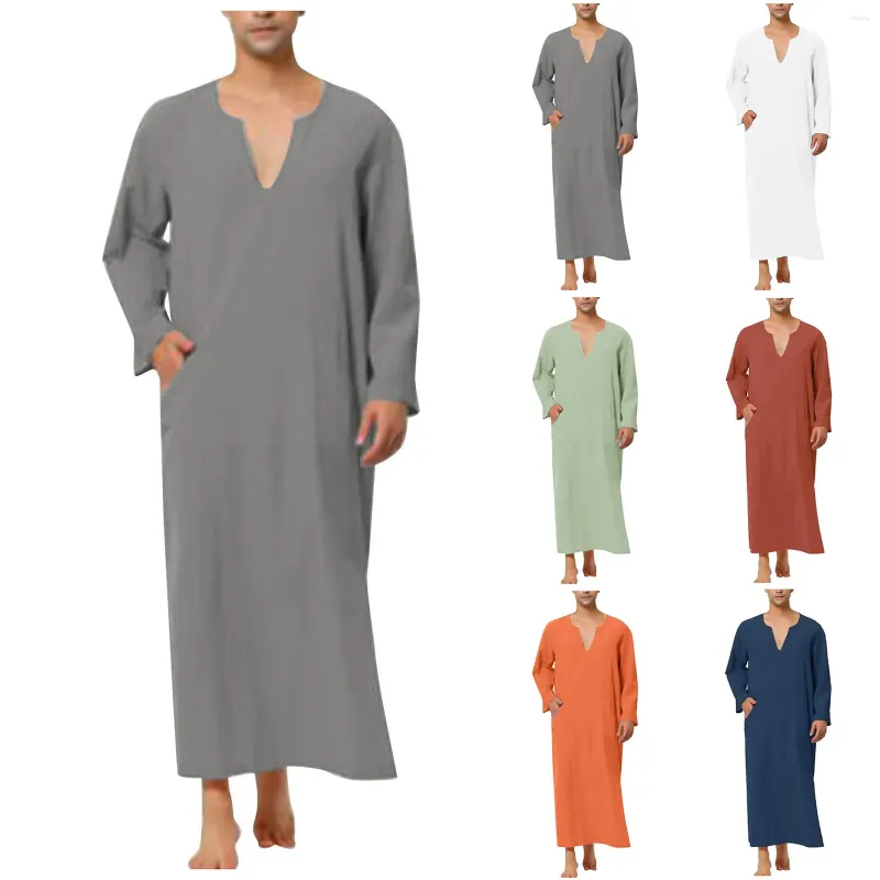 Męskie koszule muzułmańskie ubranie dla mężczyzn Jubba Thobe z długimi rękawami v szyja eid modlitwa islamskie ubrania solidne dubai kaftan sukienka
