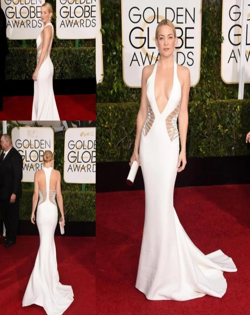 Kate Hudson Robes de célébrités sexy 2015 72nd Golden Globe Awards Sirène blanche Robes de soirée en satin Robe de tapis rouge sans dos C5140795