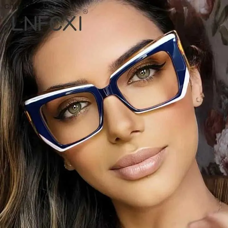 Solglasögon LNFCXI TR90 INS POPULÄRA FASHION POLYGON CAT EYE GLASS RAMMA Kvinnor Luxur Designer Retro Gelglas för Ladies Optical Y240416