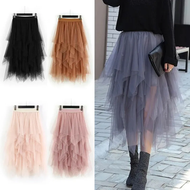 Asymmetrical High Waist Ruffles Mesh Tutu Tulle Long Midi Skirt For Women Black White Pink 240416