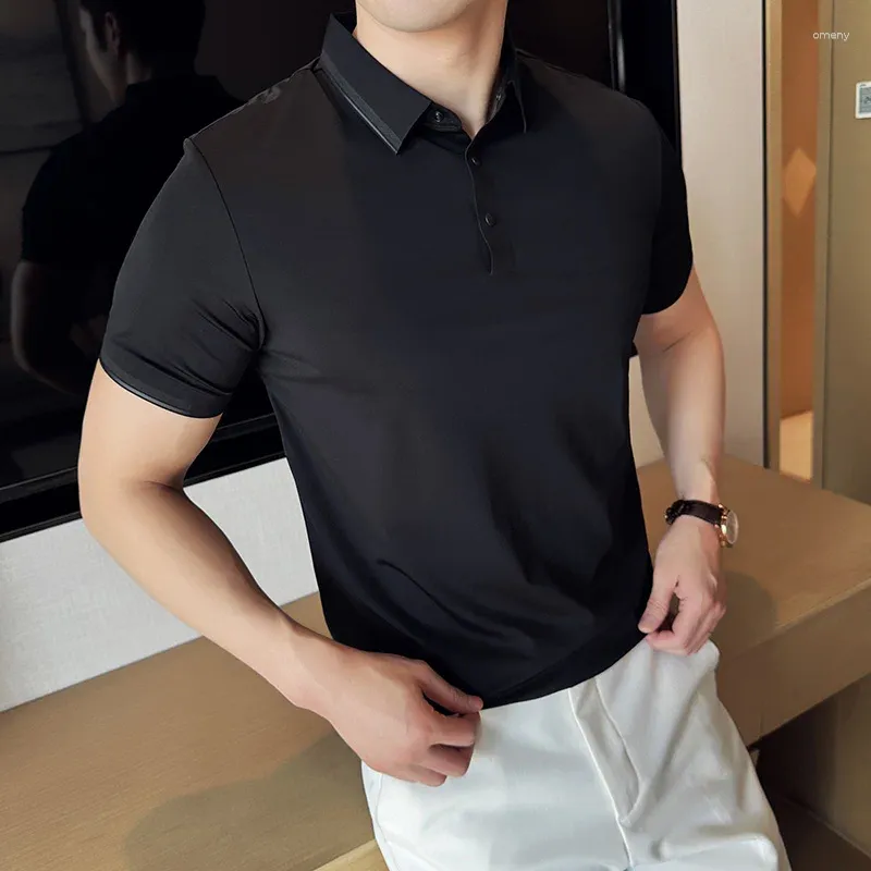 Męskie polo wysokie elastyczne letnie czarne koszule polo dla mężczyzn jakość nie oznaczająca klej z krótkim rękawem męskie koszulka swobodna koszulka Slim Fit Drape