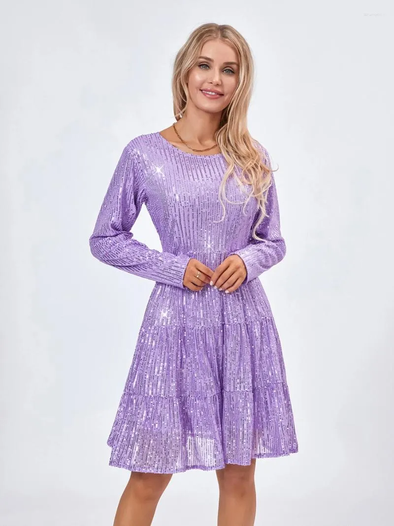 Casual Dresses Women s paljett miniklänning glitter långärmad solid färg tiered lös babydoll