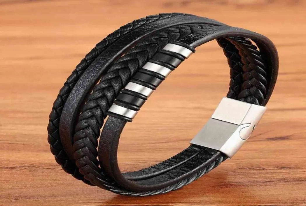 Classic Multilayer Luxury Style Stainless Steel Men039s Leather Bracelet Handwoven Customizable Diy Quality Drop 1554640