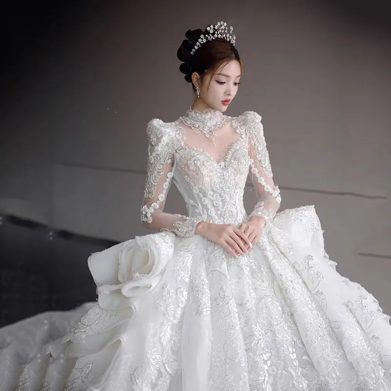 Plus Size Princess Wedding Dress: High Neck, Crystals, Beaded Illusion  Floral, Long Sleeve, Sparkly Crystal, Fluffy Skirt Bride Gown, Shiny Gown  from Dhgate A-Line Wedding Dresses - price 1243.64