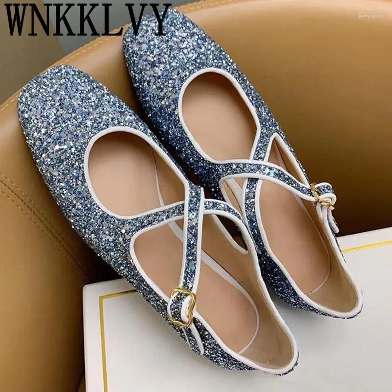 Casual Shoes Spring Fashion Versatile Flat Women's Round Toe Paljett Ballet Cross Mary Jane Single 2024