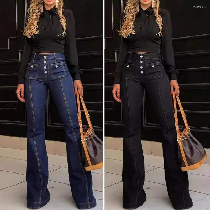 Jeans femminile sletchy bootcut elegante e elegante orlo svaso con slim fit tasche a più tasche colori solido per streetwear