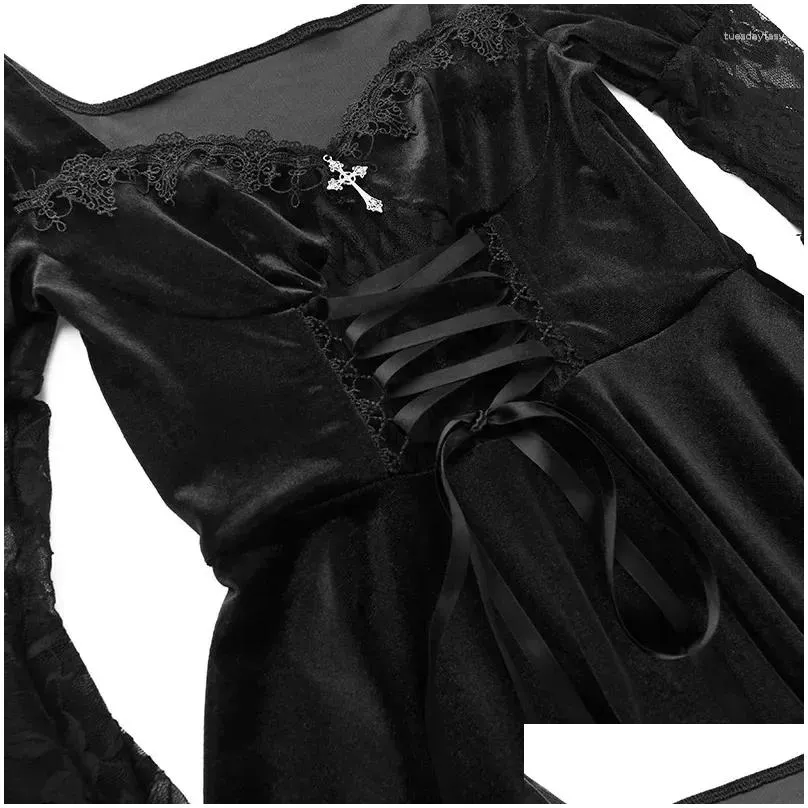 Grundläggande casual klänningar gotiska spetsar häxa vintage klänning kvinnor upp veet flare ärmar 40 -tal 50s retro goth partywear bodycon vestidos drop d dhuo0