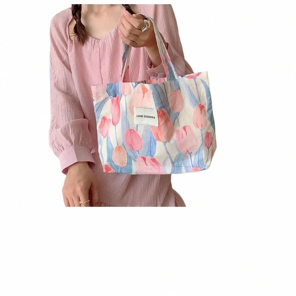 Tulpe Blumen -Leinwand Einkaufstasche Ölmalerei Japanischer Stil wiederverwendbarer Ladenbeutel Mehrere Ins Style Tulp Handtasche Shop E2K1#