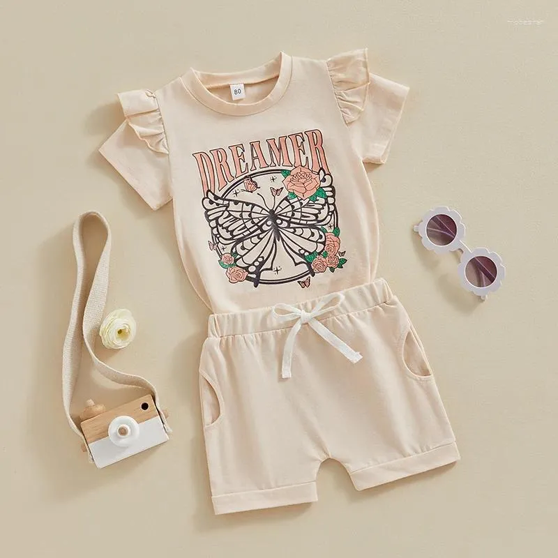 Kleidungssets Kmbangi Kleinkind Baby Mädchen Sommer-Outfit Schmetterlingsbrief Druck Rüste Kurzarm Crew Neck T-Shirts Shorts 2pcs Set