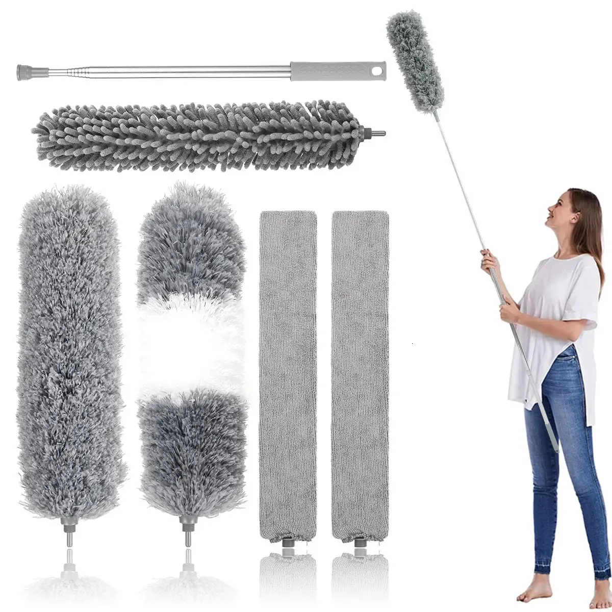 Microfiber Duster 5Pcs Extendable Feather Cleaning Kit with 30 to 110 Pole Reusable Bendable Washable 240415