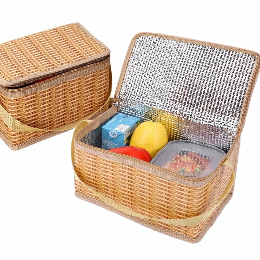 Wicker rattan torebki na lunch na zewnątrz przenośne izolowane pudełko żywność ctainer termiczna chłodnica do piknikowej kamery duża torba do przechowywania m3fv#