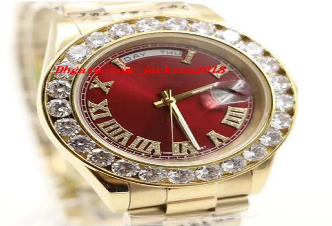 Luxury Watches Men 18K Yellow Gold Stainless Steel Bracelet Red Face Bigger Diamond Watch Men Automatic Mechanical Men039s Wris5455737