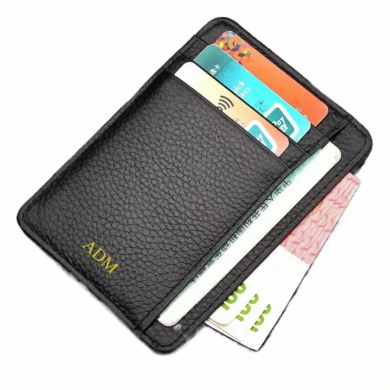 Cowide echte Leder -Kreditkartenhalter Kieselkorn Süßigkeiten Farbmünze Multi -Slot Slim Card Case benutzerdefinierte Name V1CS#