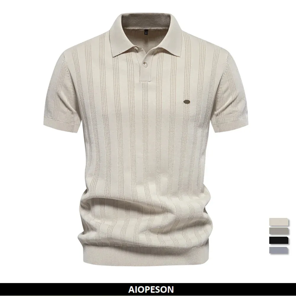 Summer Ribbed Knit Polo Shirt for Men Breattable and Cool Brand Quality Mens Textured Shirts 240410