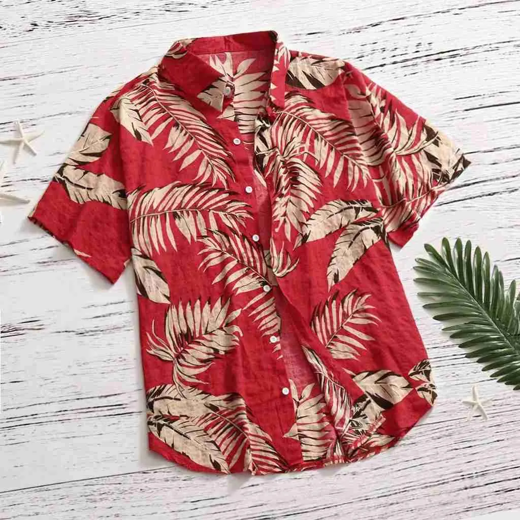 Camisas casuais masculinas 2023 New Hawaiian Red Leaf Men Florais tropicais Dazn Tops de verão Botão de manga curta Lei de férias solta praia 24416