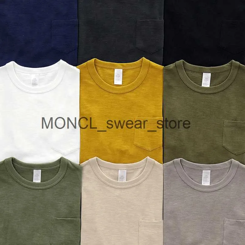 Мужские футболки Summer Fashion Premium 100% Slub Cotton Funt Mens Mens Complect Pocket Solid Color Simple Fasual Vintage Comense Top Tee H240416