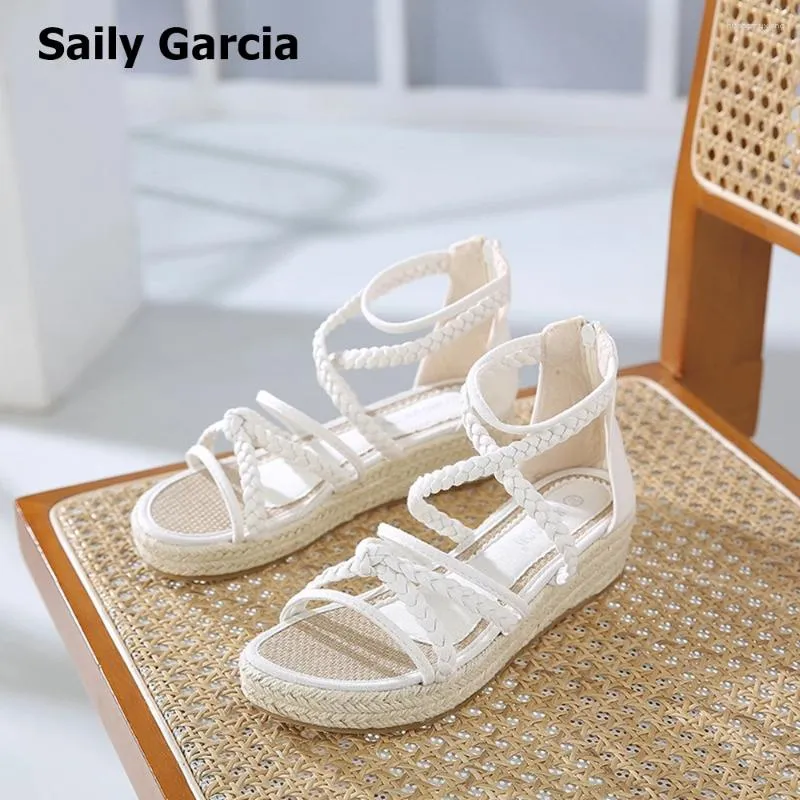 Casual Shoes Round Toe Twist Cross Belt Back Zip Flat Espadrilles 2024 Summer Style Solid Simple White Open Straw Sandal