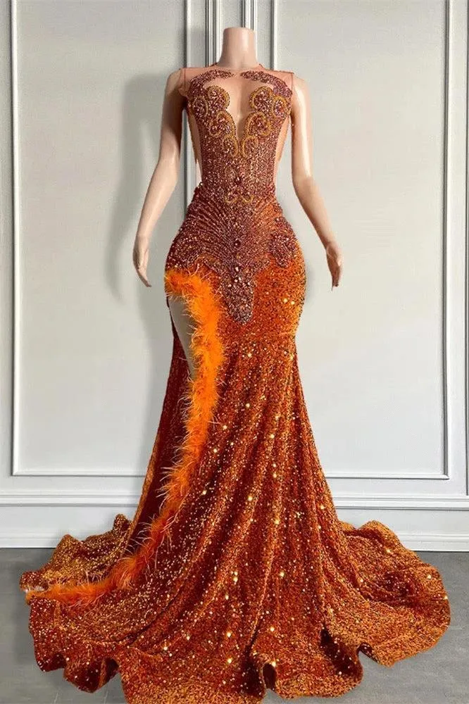 Mermaid Style Prom Dresses: Orange Feathered Evening Gown For