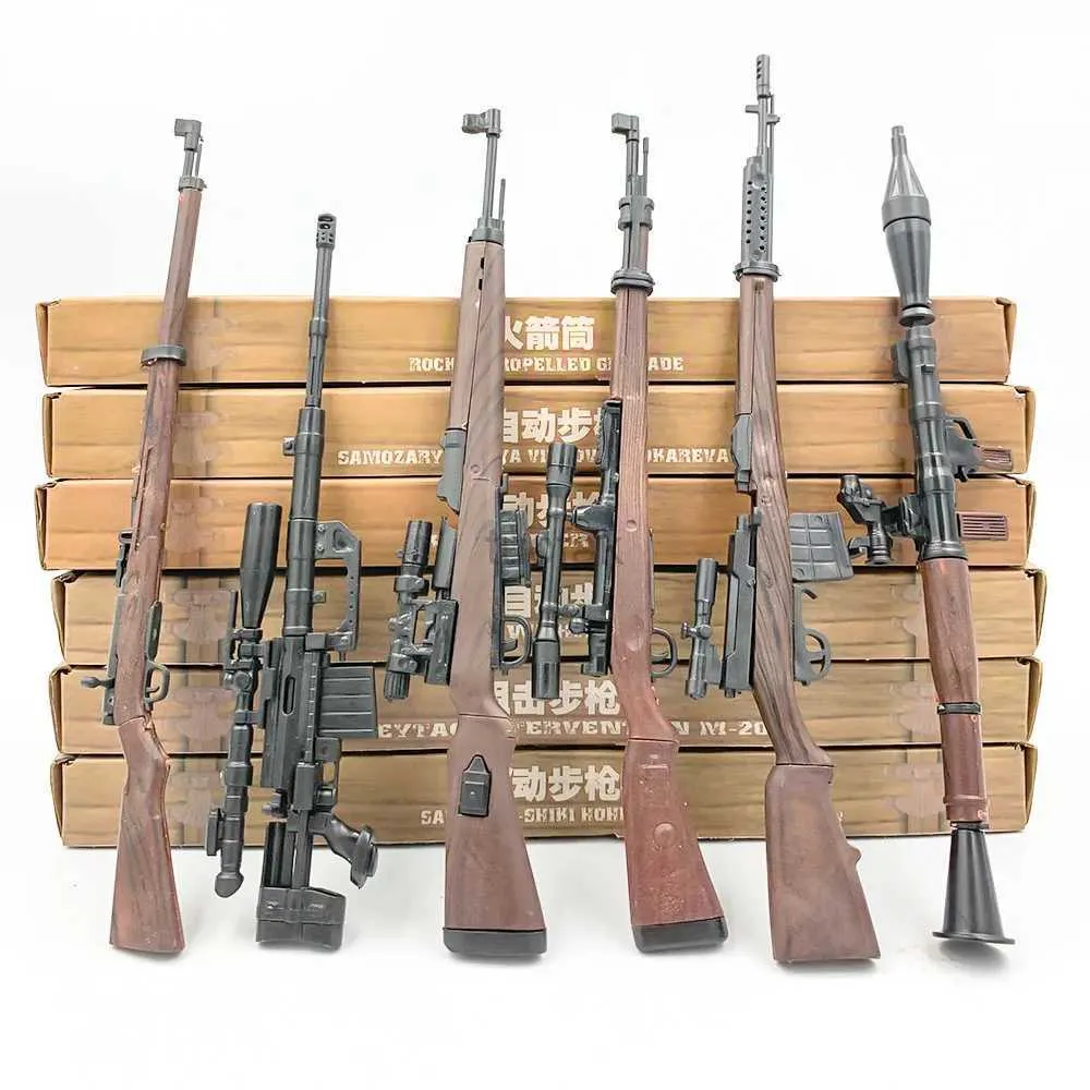 Gunspeelgoed 6pcs 1/6 Schaal Assemble speelgoedpistool Model 98K M200 RPG SVT40 38 G43 Sniper Rifle SAND SAND TABEL BRICK Decor Actie Figuur W/Box 240417