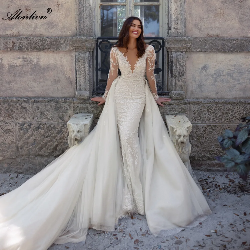 chinese dress ladies Deep V-Neck Straps Sleeveless A-Line Wedding Dress Allover Lace Applique Bride Gowns with Train Custom Color / US8