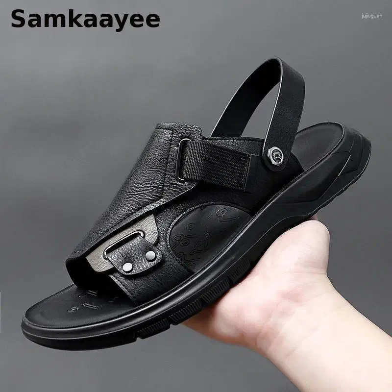 Sandalen 39-44 Männer Sommer männliche PU-Lederschuhe Solid Color Slip-On Weiche Bottom nicht rutschernde, lässige, lässige Outdoor-Strandschuhschuhe