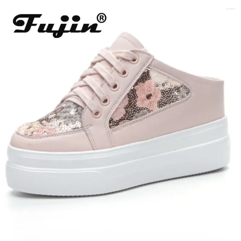 Pantoufles Fujin 8cm à mailles en maille microfibre plate-forme en cuir cale d'été slipper fashion femmes Rome Sandal Bling Chunky Sneakers Pumps Chaussures