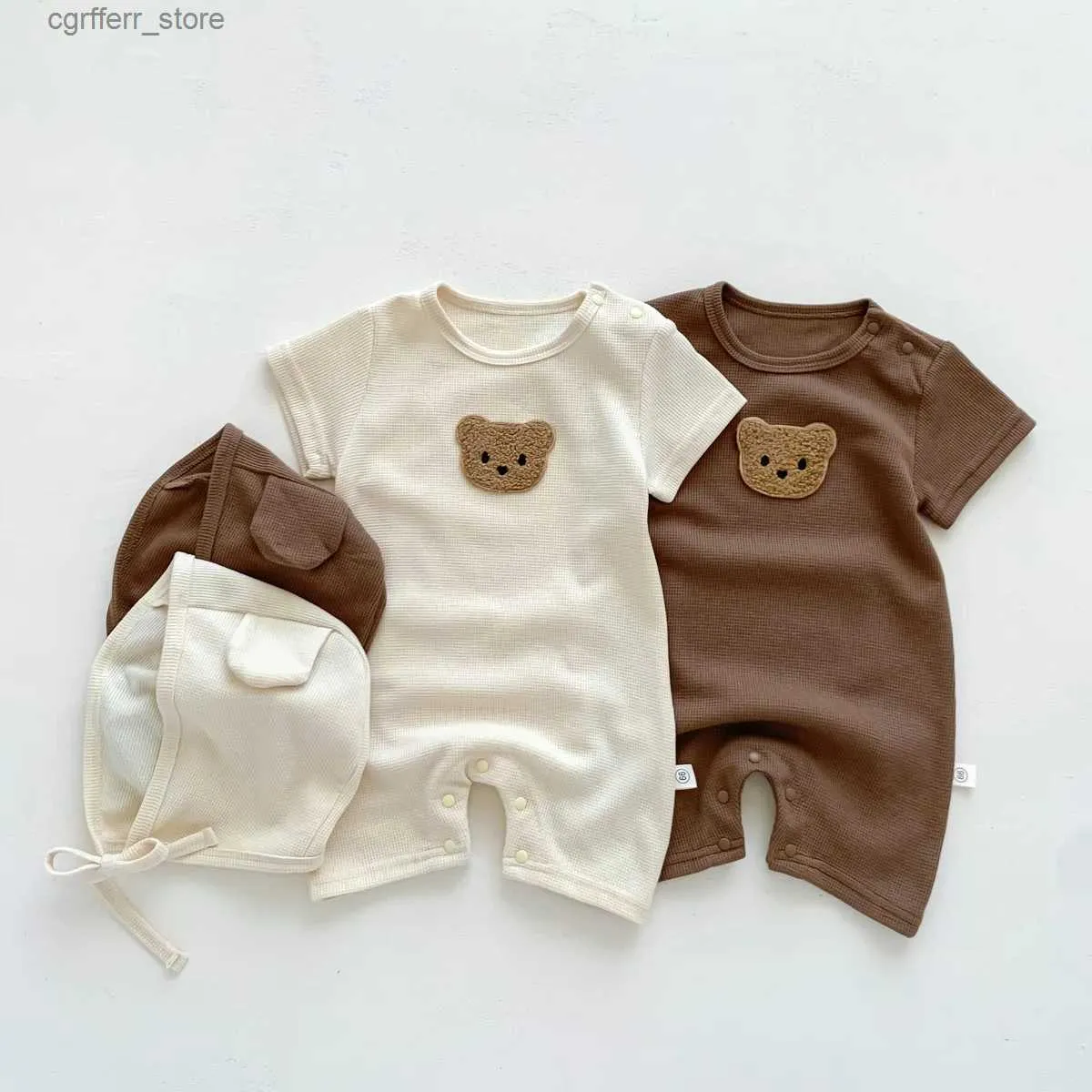 Rompers nieuw in de zomer Kids Baby Girls Boys Korte Mouw Wafle Patch Bear Infant Pasgeboren Jumpsuits Cotton Romper Gift Hat met Ear L410