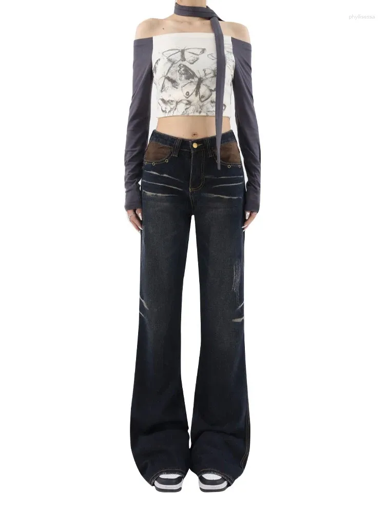 Frauen Jeans American Retro Y2K Flare Gothic Slim Bell Bottoms Fashion Black E-Mädchen Jeans Panthosen Hip Hop High Street