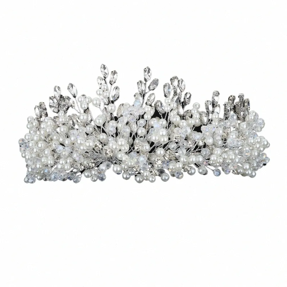 Sier Luxury Rhineste Bridal Crown Trendy Pearl Crystal Diamds Wedding Headband Hair Accessies Gold Handmade kopstuk 74xv#