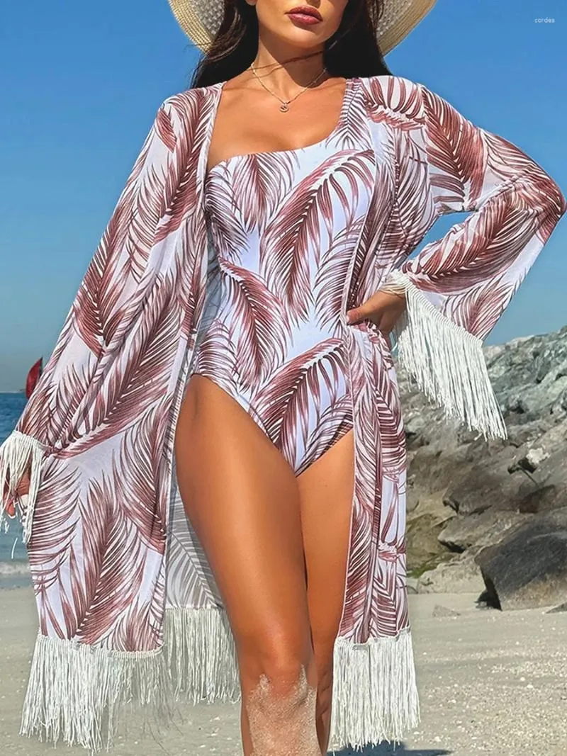 Women's Swimwear 2024 One Shoulder Print Women Swimsuit With Long Sleeve Kimono Piece Female Bathers Bathing Swimming Suit Beachwear