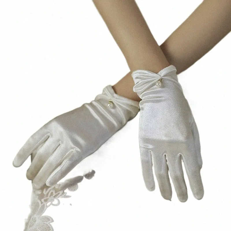 White Satin Wedding Dr Gloves Short Elegant Petal Pearl Bow Bridal Gloves Mångsidiga foto Accores Pearl H2WP#