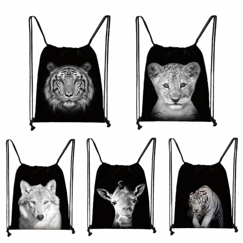 schwarze weiße Wildtiere Print Kordel Bag Männer Aufbewahrung Taschen Tiger Li Wolf Rucksack Teenager Reisetasche 35x55cm T7KT#