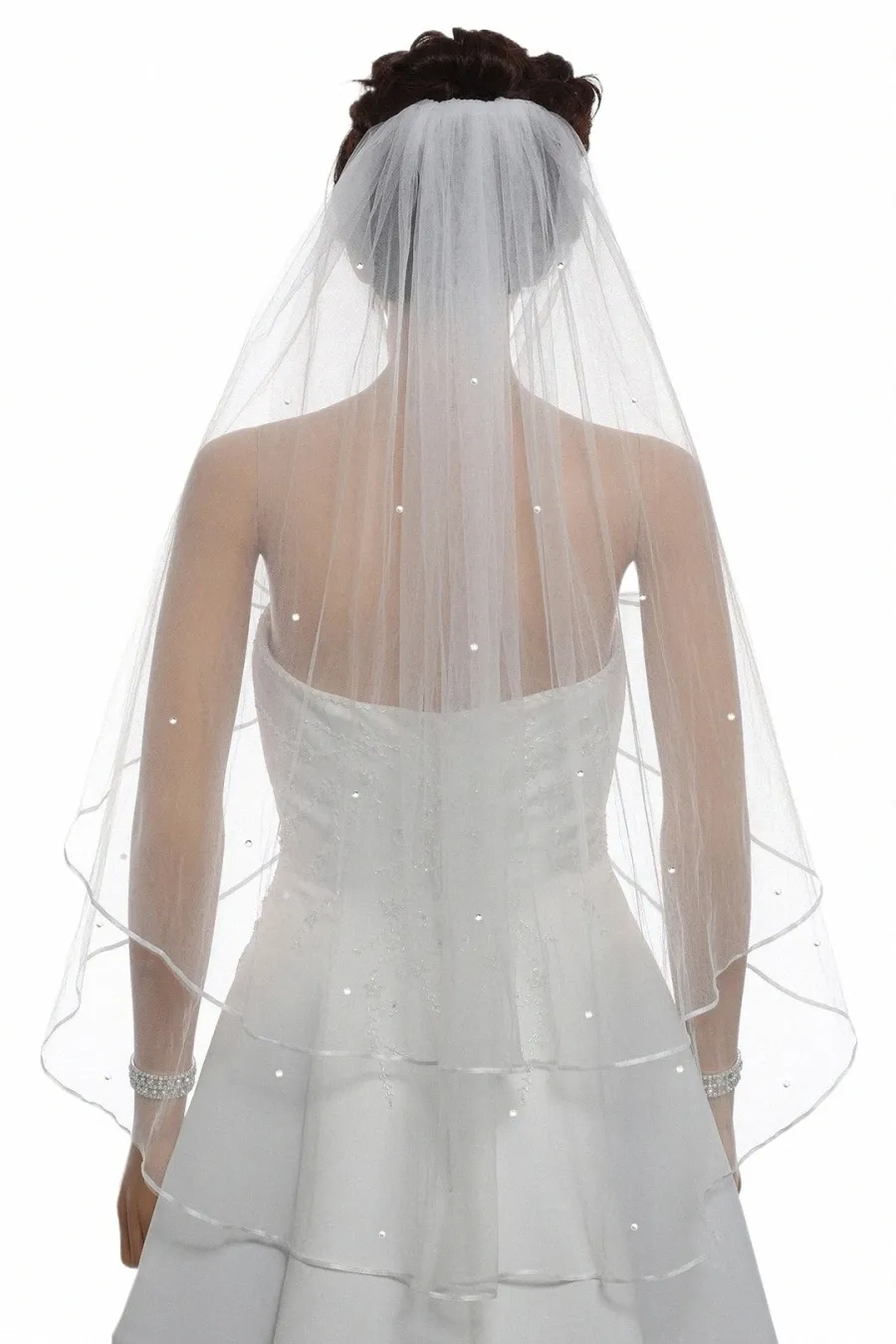 2T 2 Tier Ribb Edge Center Wedding Bride Pärled Bridal Veil 2024 293U#