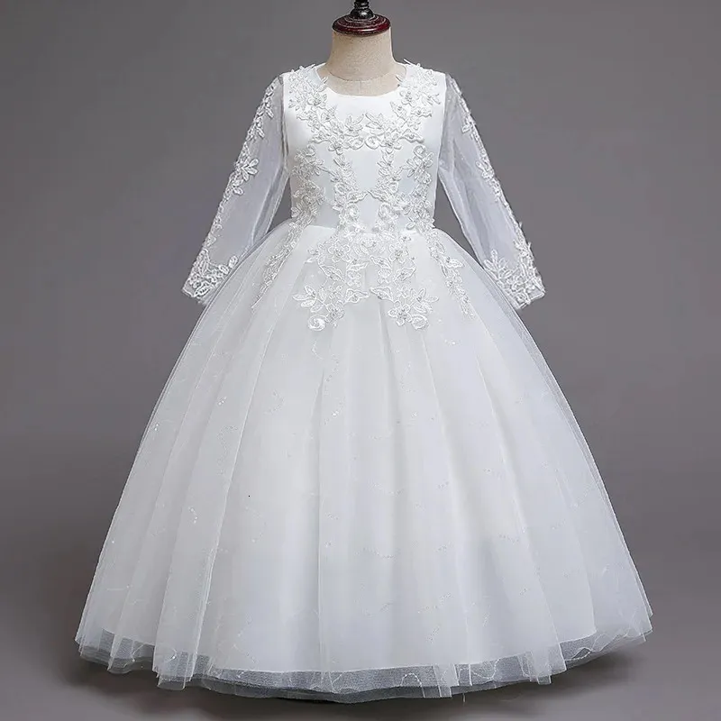 Vestido infantil de tule da primavera de Keaiyouhuo com mangas compridas bordadas de princesa garotas tornozelo vestido longo para o casamento de festa 12y 240407