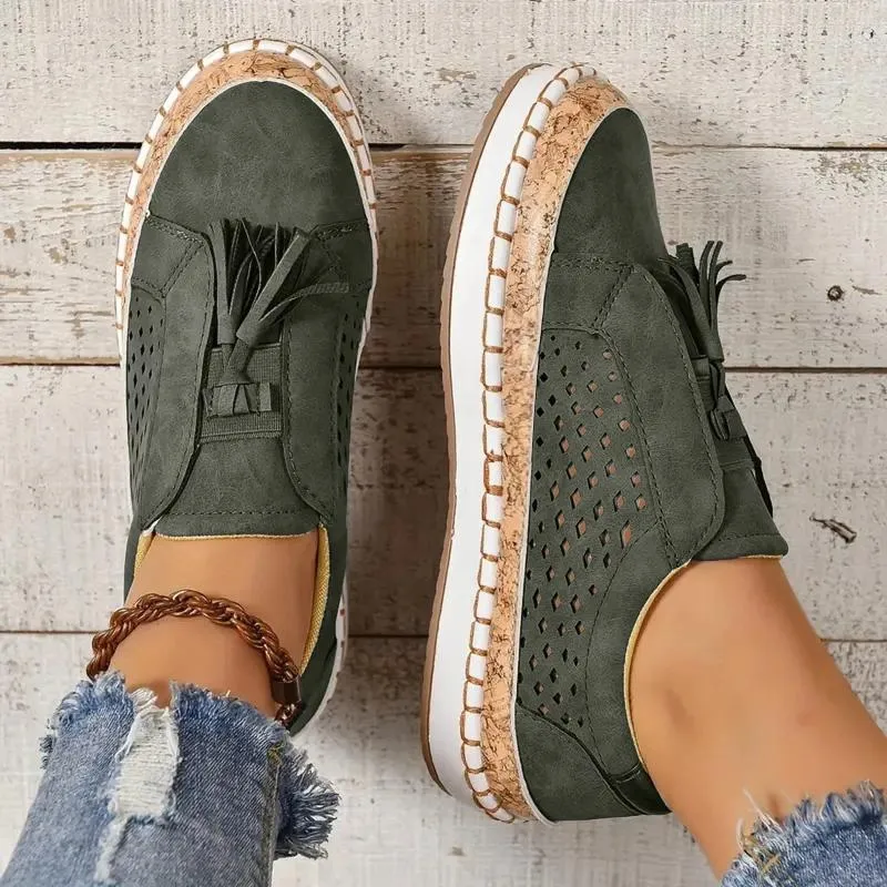 Casual Shoes Womens Fringe Hollow Out Sneakers Round Toe Flat Slip On Footwear Women White Solid Color Sandals Shallow Mouth From Huangmuxiang 42.81 DHgate.Com