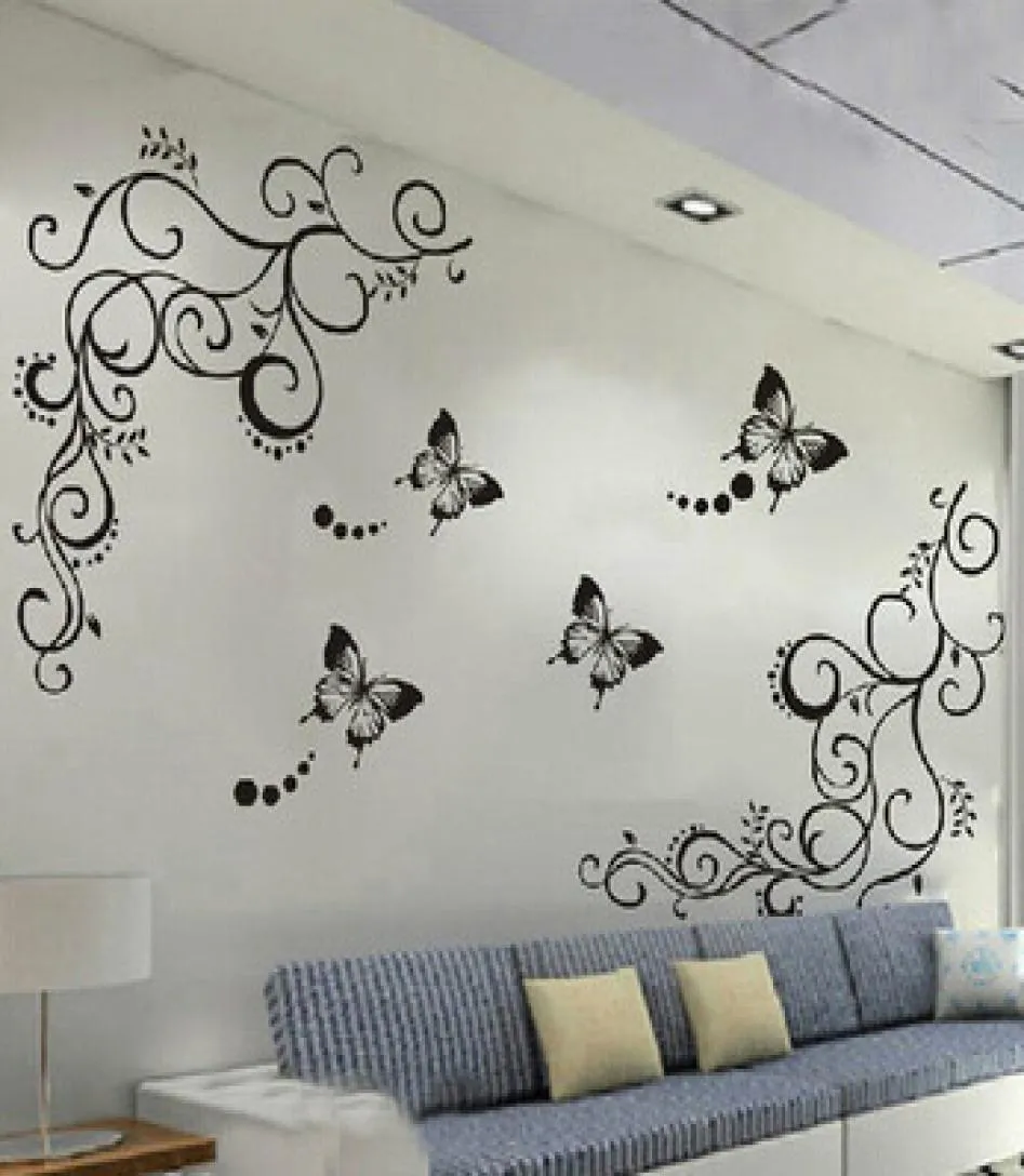 3D plus bas noir papillon mural fleur autocollant de décoration intérieure affiche flore papillons mur tv belle décoration3583715