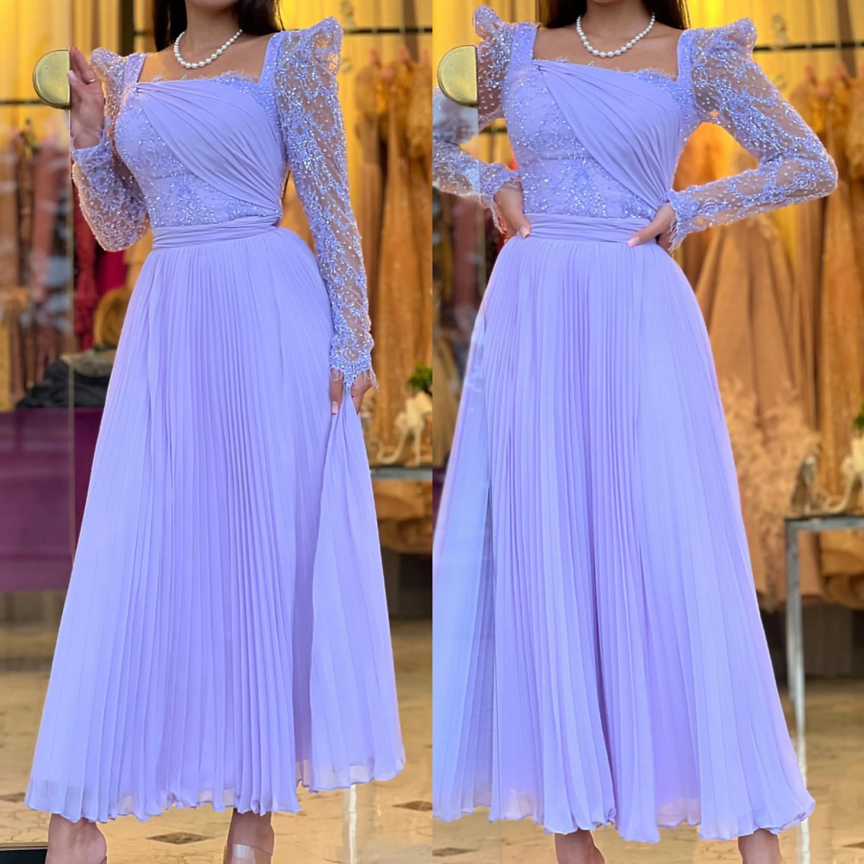 Elegante Lavendelmutter der Braut Kleider Illusion Pailletten Langarme Knöchel Länge Hochzeit Gastkleid Falten Plus Größe formelle Abendkleider