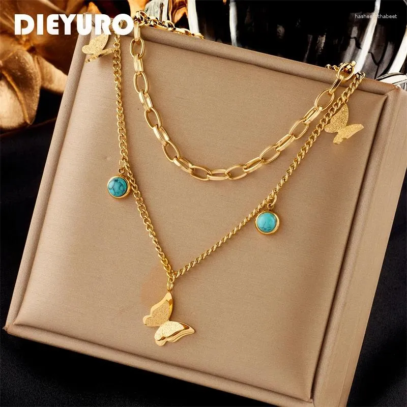 Hangende kettingen dieyuro 316L roestvrij staal multi-layer groene stenen vlinder ketting voor vrouwen meisjes vintage keten sieraden geschenken