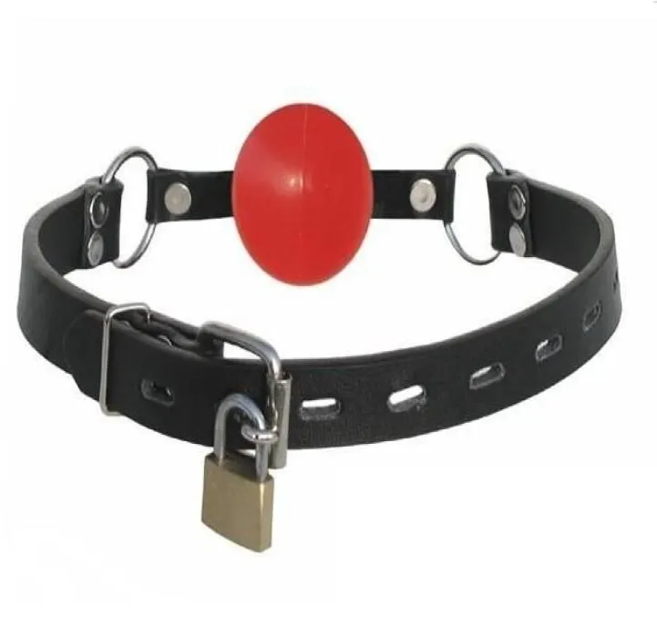 Black Red mouth gag Ball Soft silicone ball real leather Bondage belt with brass lock sex toy adult toys MG0012420471