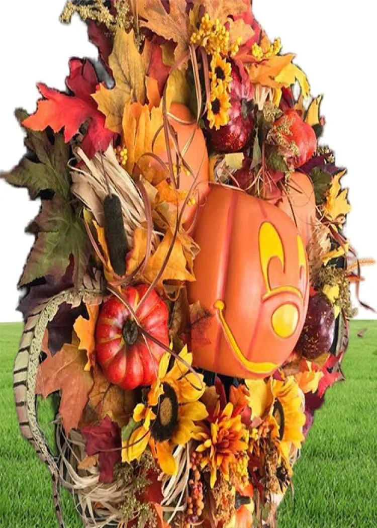 Decoração de Halloween Fall Pumpkin Greath para a porta da frente com abóboras de bordos artificiais Autumn Harvest Holiday Decor Y09019569740