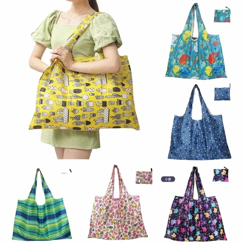 Fr Nyl Large Tote Shopper Bag Eco再利用可能なポリエステル肩の女性ハンドバッグ折り畳みポーチショップバッグ折りたたみ可能なP9LA＃