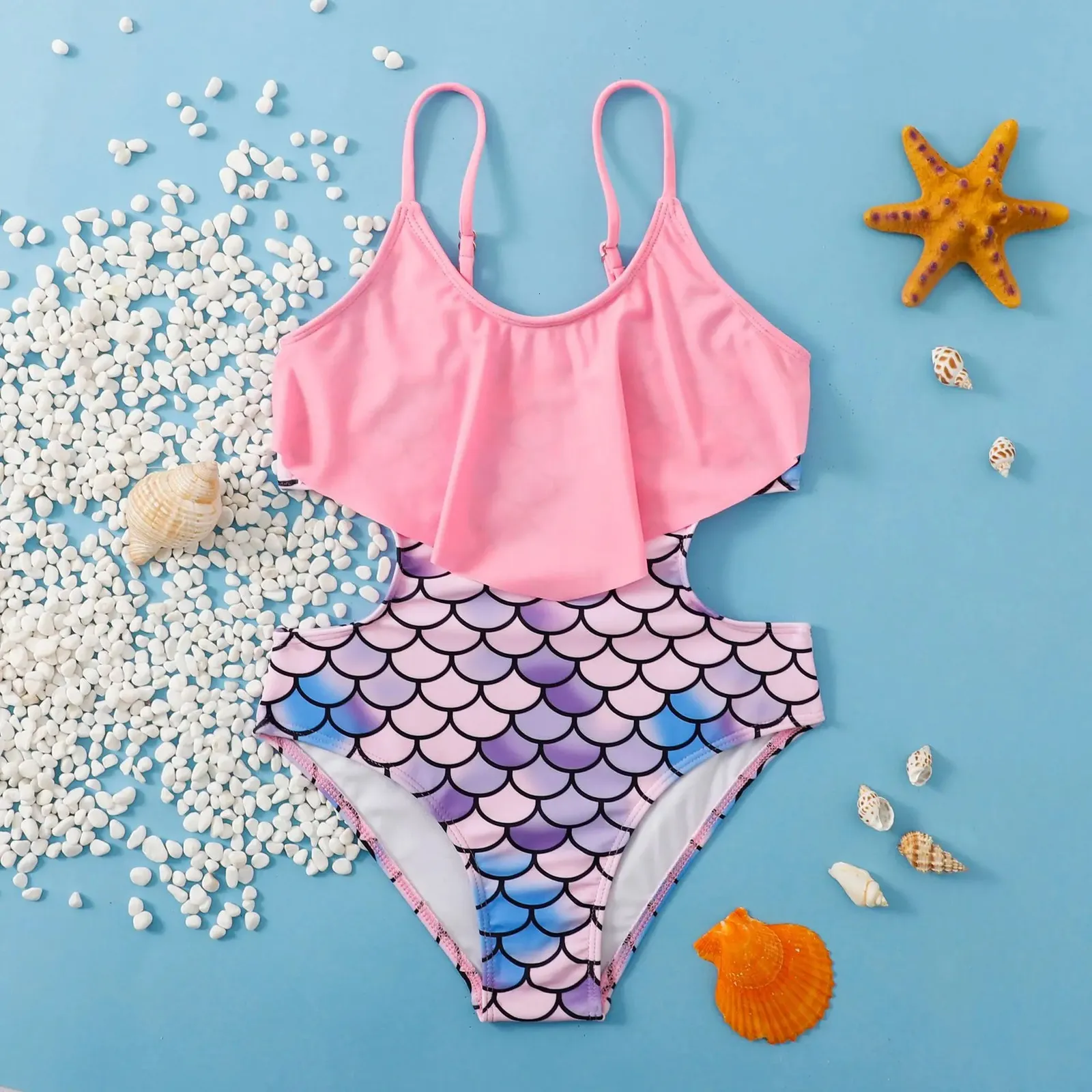 Retro Teenage Girls One Piece Swimsuit 712 Years Kids Swim Suit Ruffled Swimwear Children Fish Scales Print Beach Bathing Suits 240416