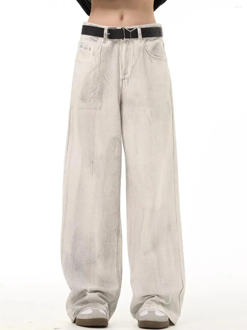 Jeans da donna in stile neutro dritto sporco bianco americano vintage alto pantaloni a gamba larga femmina pantaloni in denim